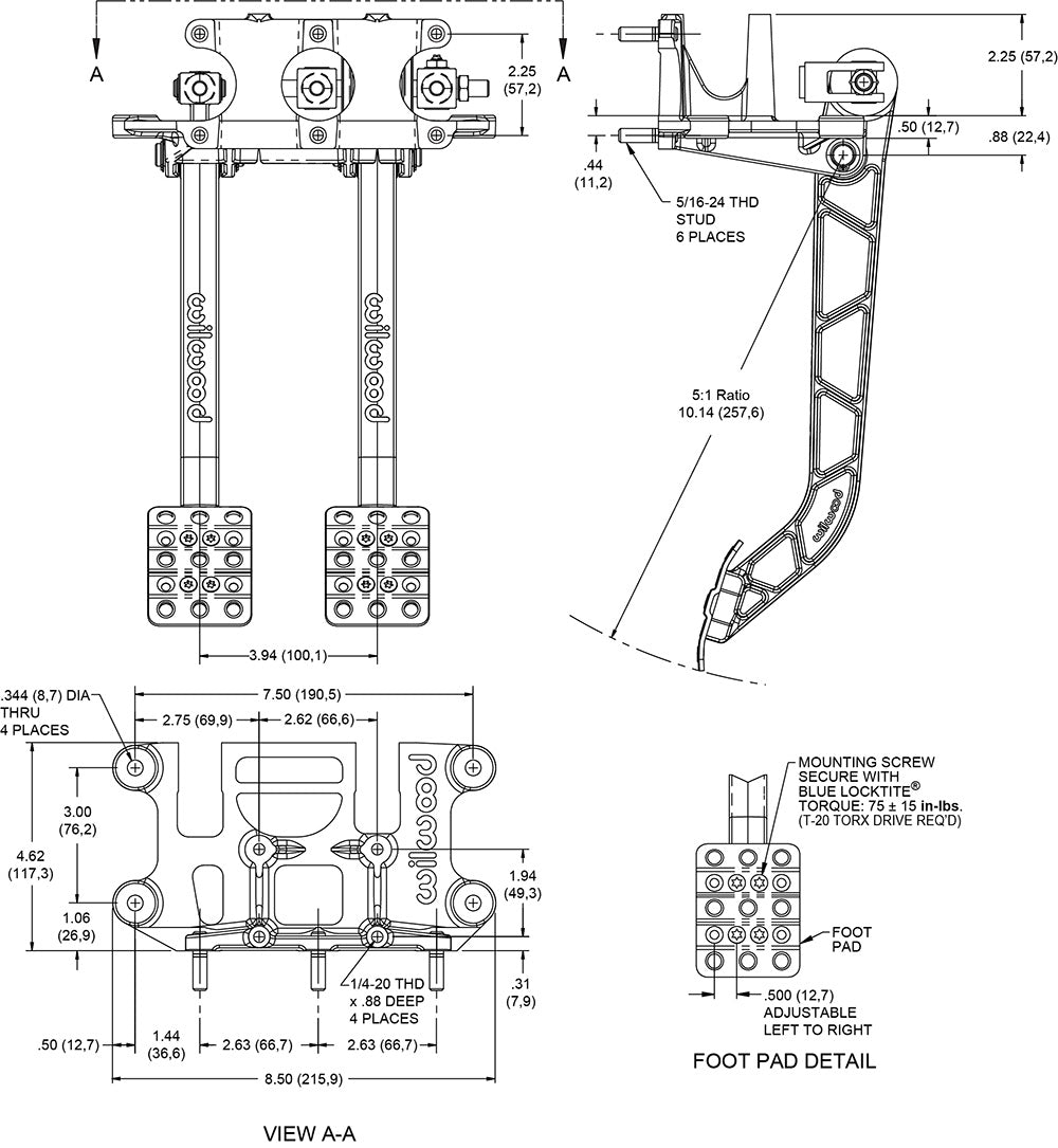 340-13835 - Wilwood Pedal Assembly Triple M/C