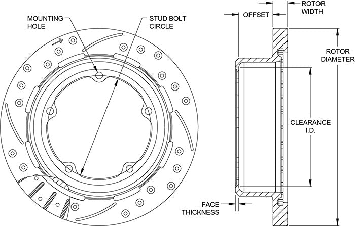 160-13955-BK - Wilwood SRP Rotor & Hat - 280x20mm Curved Slotted & Cross Drilled Left