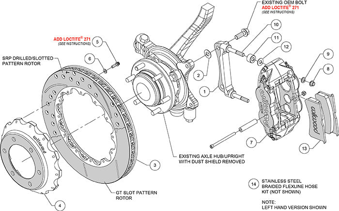 140-14578-DR - Wilwood Big Brake Kit - Front - 355x28mm Curved Slotted & Cross Drilled - Superlite 6R Red