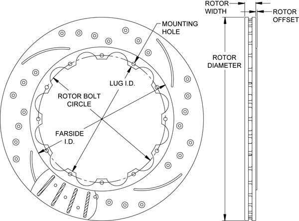160-12889-BK - Wilwood SRP Rotors - 355x20mm Curved Slotted & Cross Drilled Left