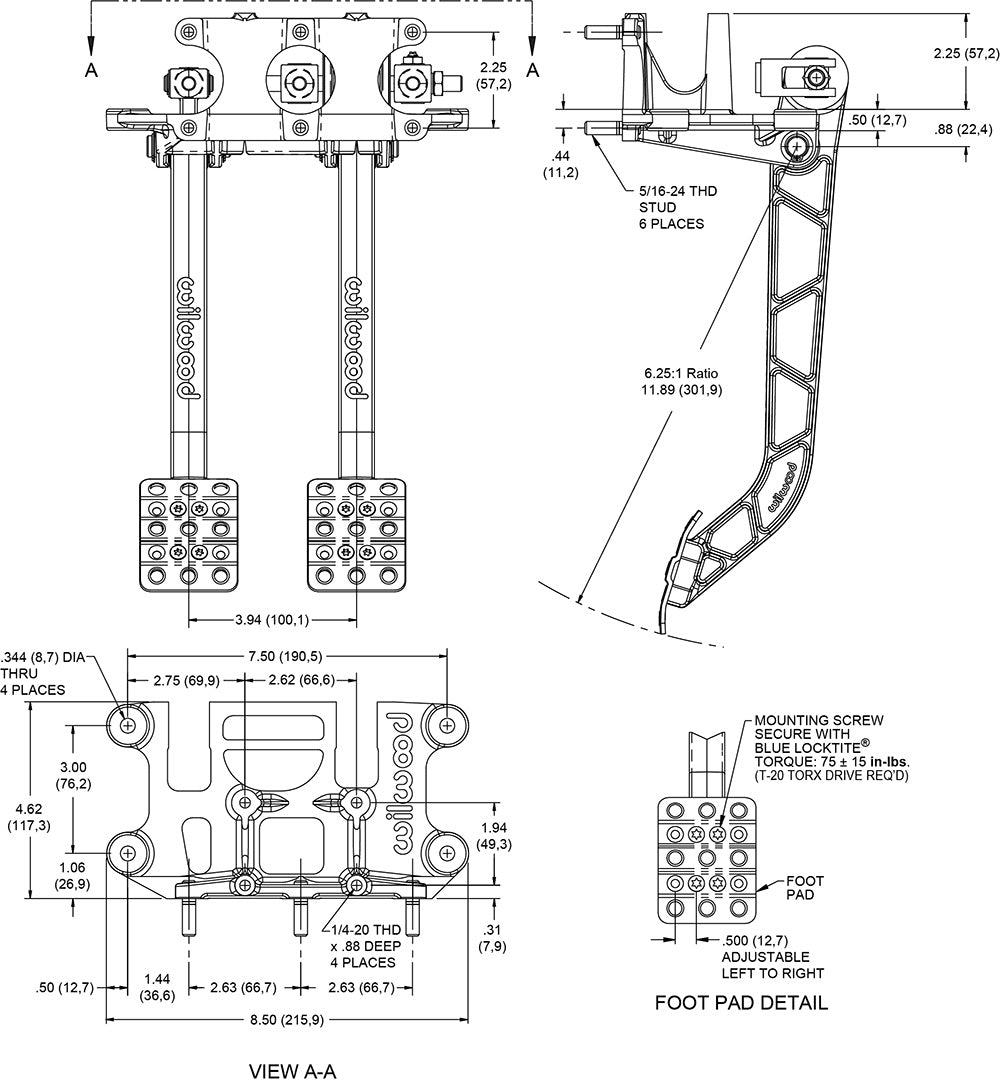 340-11299 - Wilwood Triple M/C Pedal Assembly