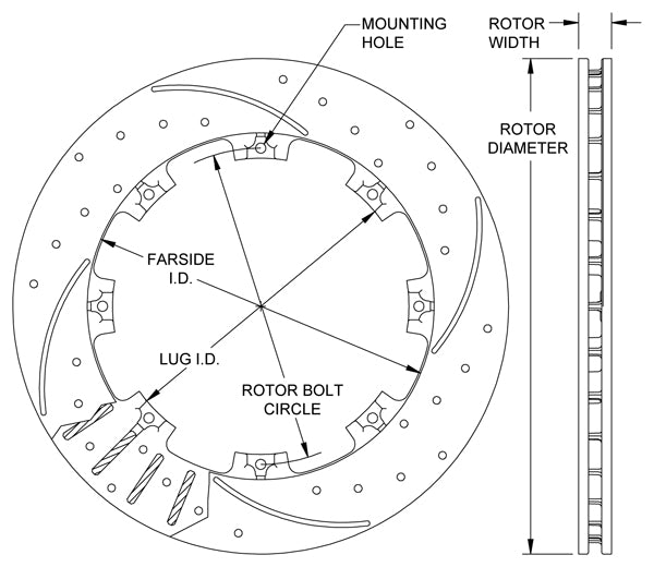 160-7102-BK - Wilwood SRP Rotors - 298x20mm Curved Slotted & Cross Drilled Left