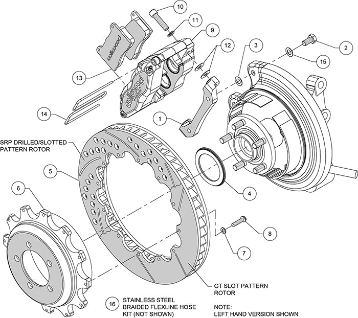 140-13013-D - Wilwood Big Brake Kit - Rear - 327x28mm Curved Slotted & Cross Drilled - Dynapro Dust Seal Radial Mount Black