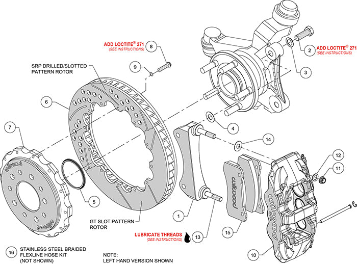 140-15892-DR - Wilwood Big Brake Kit - Front - 355x32mm Curved Slotted & Cross Drilled - AERO6-DS Red