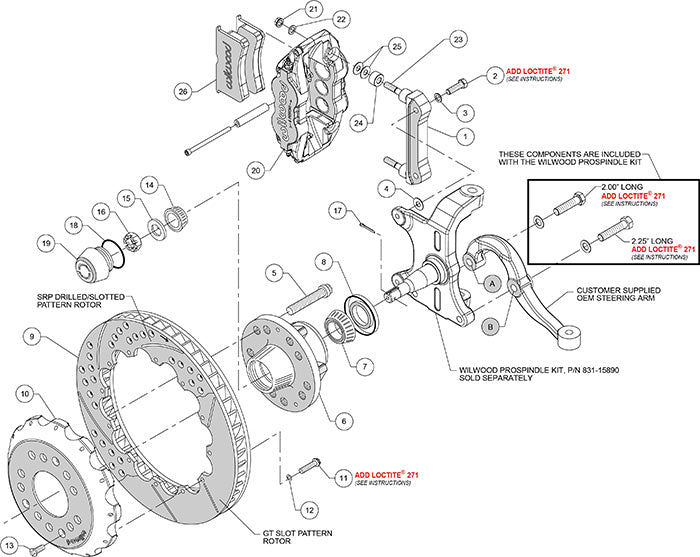 140-15911-DR - Wilwood Big Brake Kit - Front - 355x28mm Curved Slotted & Cross Drilled - Superlite 6R Red