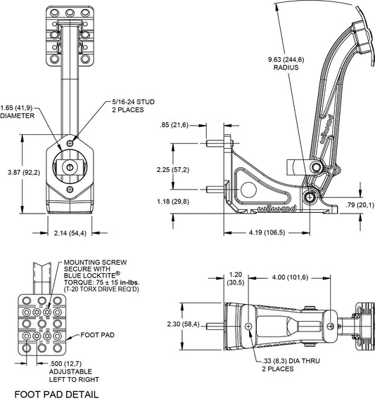 340-13833 - Wilwood Pedal Assembly Single Clutch/Brake Aluminum Base
