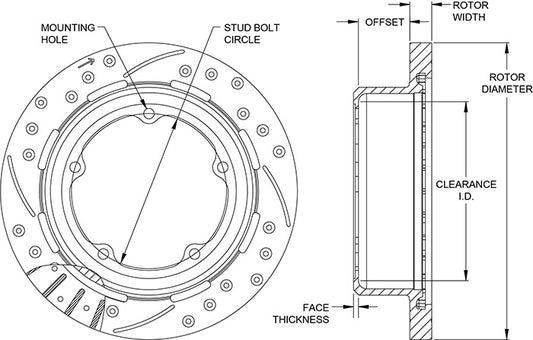160-13955-BK - Wilwood SRP Rotor & Hat - 280x20mm Curved Slotted & Cross Drilled Left