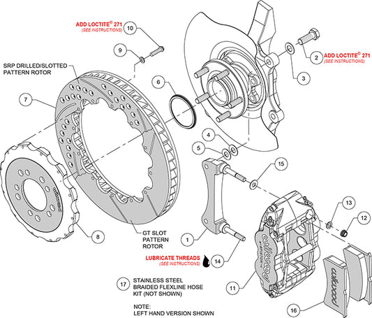 140-13043-DR - Wilwood Big Brake Kit - Front - 332x32mm Curved Slotted & Cross Drilled - Superlite 6R Red