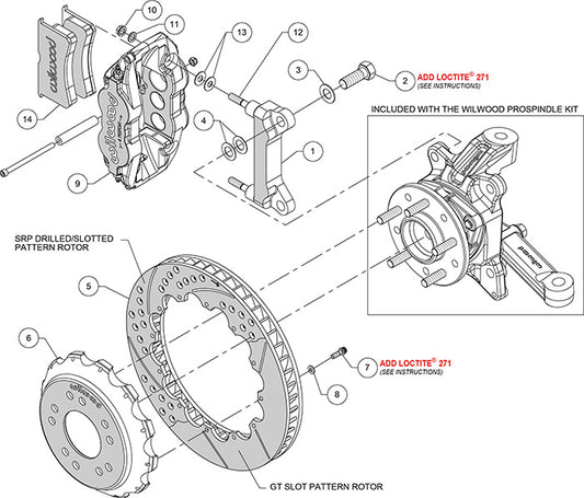 140-15303-DR - Wilwood Big Brake Kit - Front - 332x32mm Curved Slotted & Cross Drilled - Superlite 6R Red