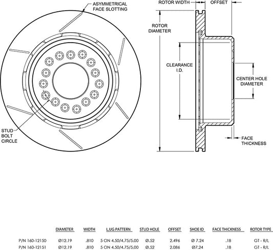160-12150 - Wilwood Ultralite Rotor & Hat - 309x20mm Bi-Slotted Left/Right
