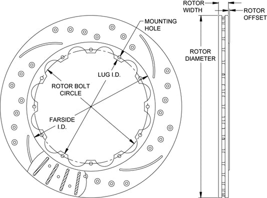 160-12889-BK - Wilwood SRP Rotors - 355x20mm Curved Slotted & Cross Drilled Left