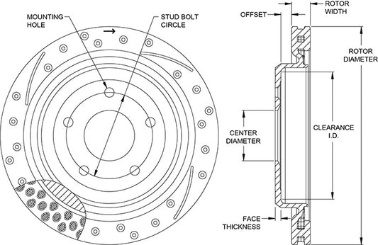 160-14040-BK - Wilwood SRP Rotor & Hat - 305x26mm Slotted_Drilled_curved Right