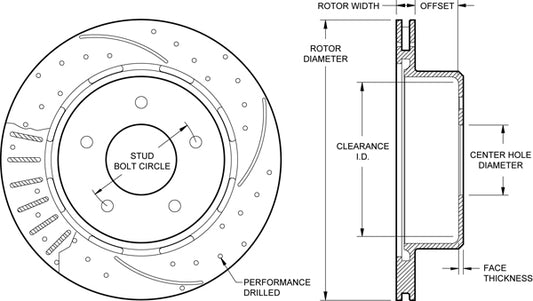 160-11288-BK - Wilwood SRP Rotor & Hat - 298x32mm Curved Slotted & Cross Drilled Right
