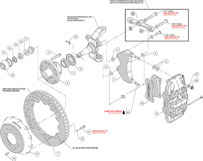 140-15025-DR - Wilwood Big Brake Kit - Front - 381x32mm Curved Slotted & Cross Drilled - AERO6 Red