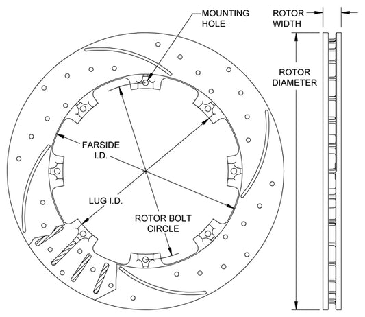 160-7102-BK - Wilwood SRP Rotors - 298x20mm Curved Slotted & Cross Drilled Left