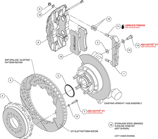 140-14068-DR - Wilwood Big Brake Kit - Rear - 362x28mm Curved Slotted & Cross Drilled - AERO4 Red