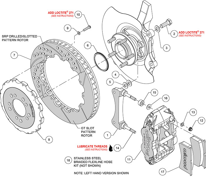 140-13044-DR - Wilwood Big Brake Kit - Front - 355x32mm Curved Slotted & Cross Drilled - Superlite 6R Red