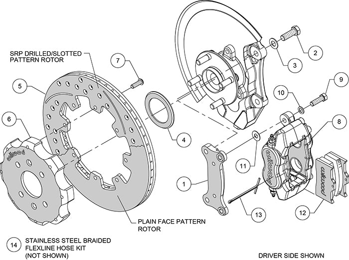 140-14233-D - Wilwood Big Brake Kit - Front - 309x20mm Curved Slotted & Cross Drilled - Dynalite Internal Black