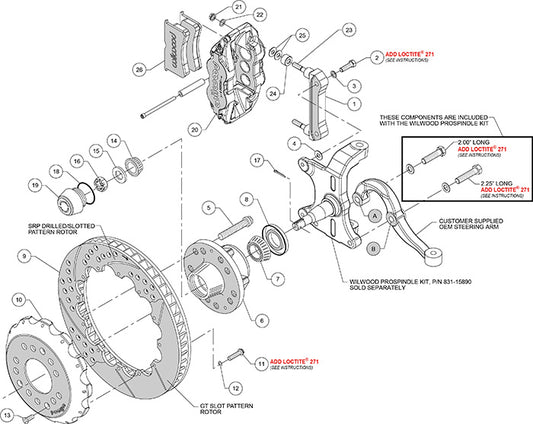 140-15911-DR - Wilwood Big Brake Kit - Front - 355x28mm Curved Slotted & Cross Drilled - Superlite 6R Red